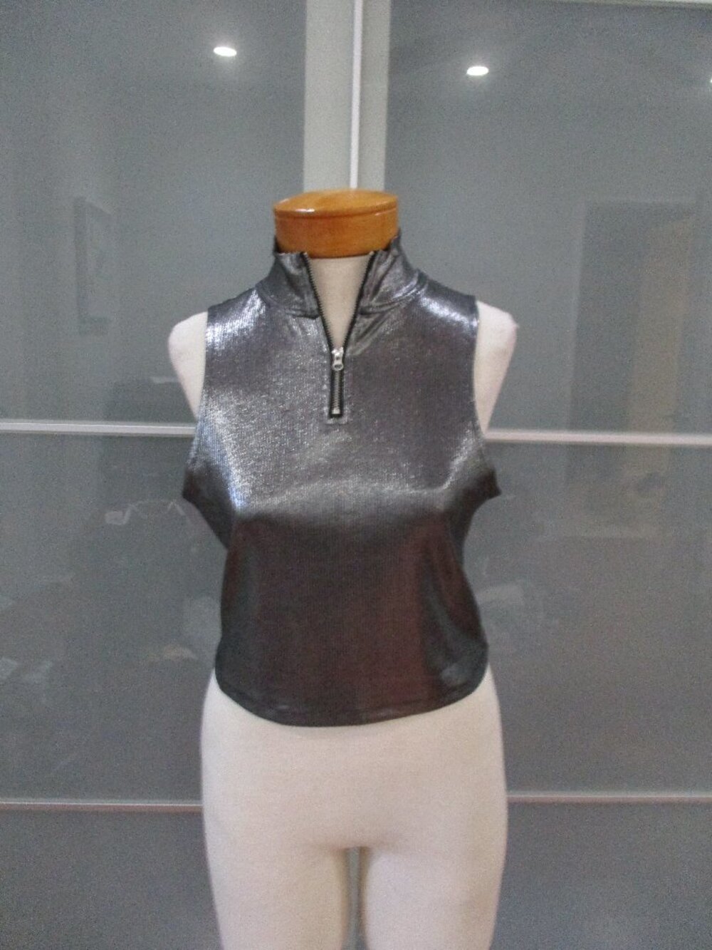 H&M Divided Mock Neck 1/4 Zip Cropped Sleeveless Metallic Top